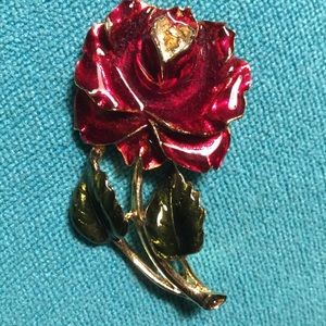 Big Vintage Rose Brooch Pin Leaves Stem Tacoa Mint